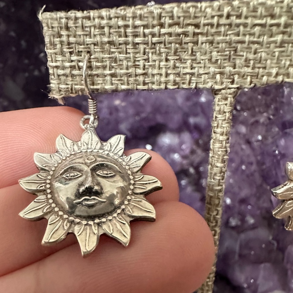 Vintage Sterling Silver Sun Face Earrings & Matching Ring, boho, hippie, ethnic - Picture 2 of 7